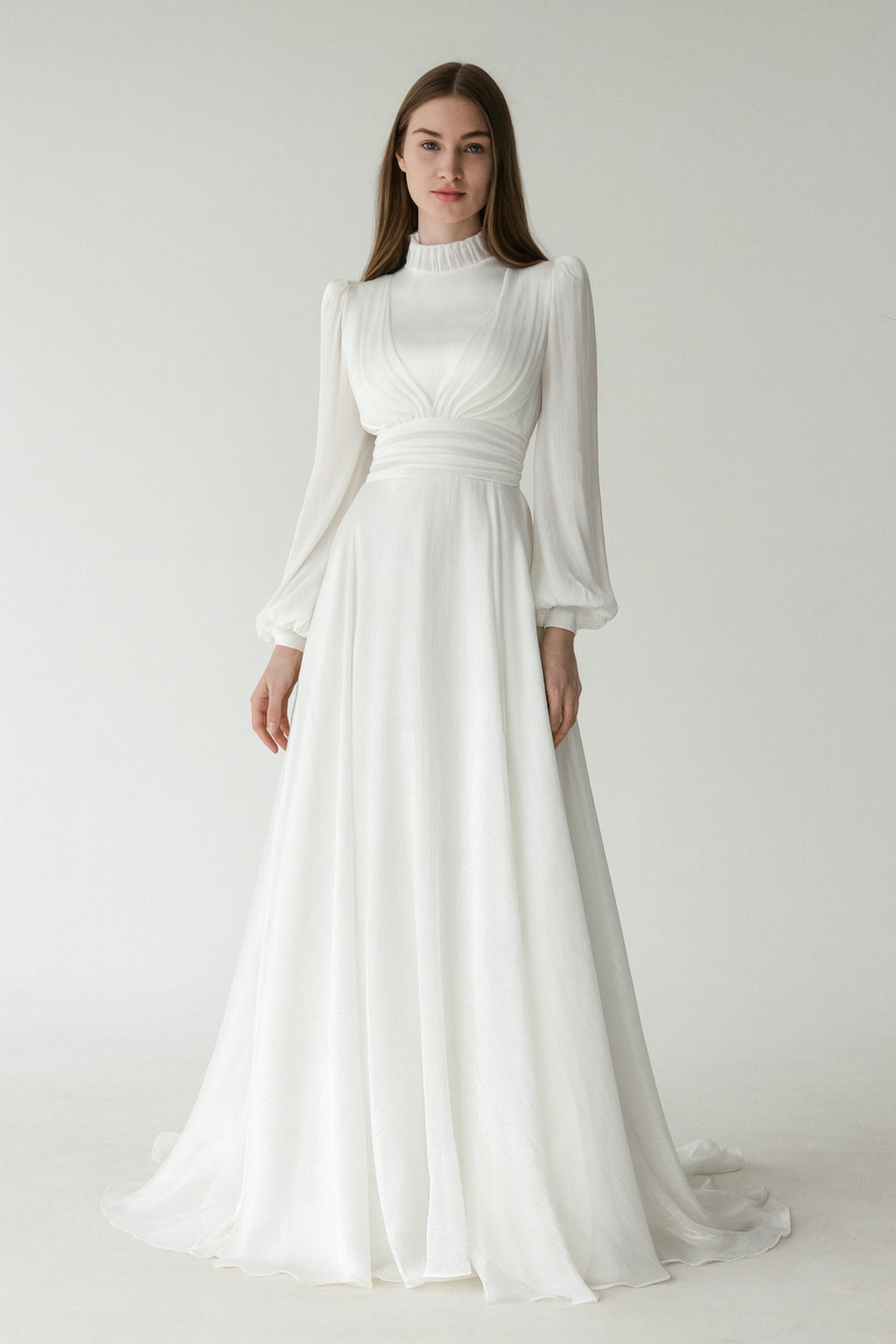 2549 BELİ MANŞETLİ BALON KOL DÜZ ŞİFON ABİYE ELBİSE #04-25#