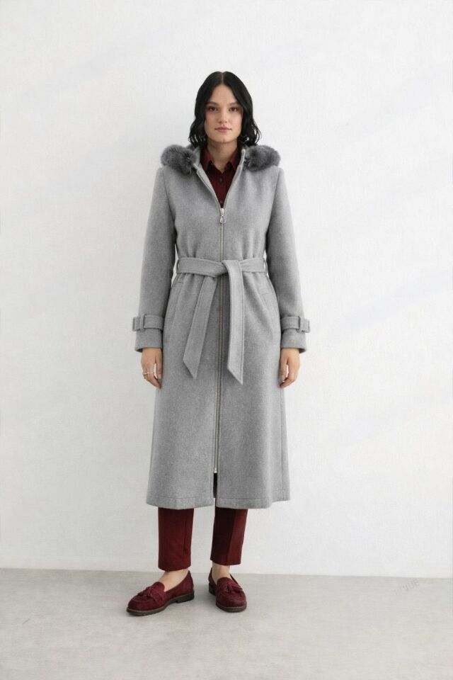 ANA-57035 ÖNDEN FERMUARLI KAPİŞONU KÜRK DETAYLI KAŞE KABAN #12-25#