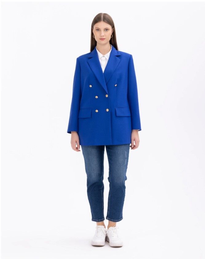 1008 BÜYÜK BEDEN DÜĞME DETAYLI BLAZER CEKE BLAZER CEKET 14231105401008 QKS KBLAZSER CEKEKT  #23-10# 50 - SAKS MAVİSİ