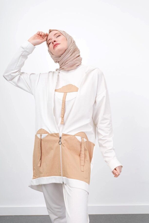 3025 ÖNÜ FERMUARLI KAPÜŞONLU İÇ BLUZU SIFIR KOL PANTOLON BELİ LASTİKLİ ÜÇLÜ TAKIM QYS ÜÇLÜ TAKIM 3025 #23-05#