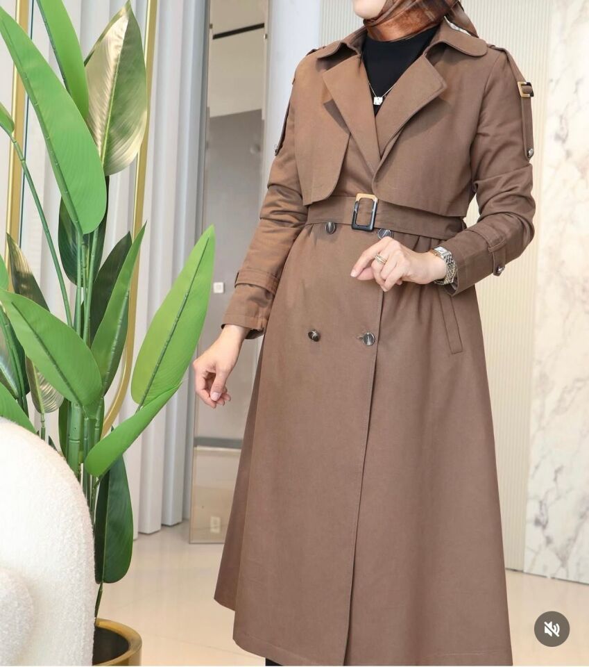 2260 OMZU APOLETLİ ÇİFT DÜĞMELİ BELİ KEMERLİ TRENÇ #10-25#