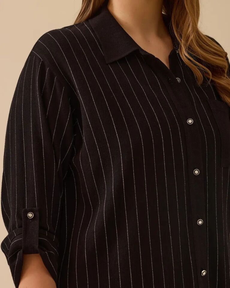 4027 ÖNDEN DÜĞMELİ KOLLARI MANŞETLİ CEP GÖRÜNÜMLÜ ÇİZGİLİ PAMUKLU GÖMLEK #03-25#