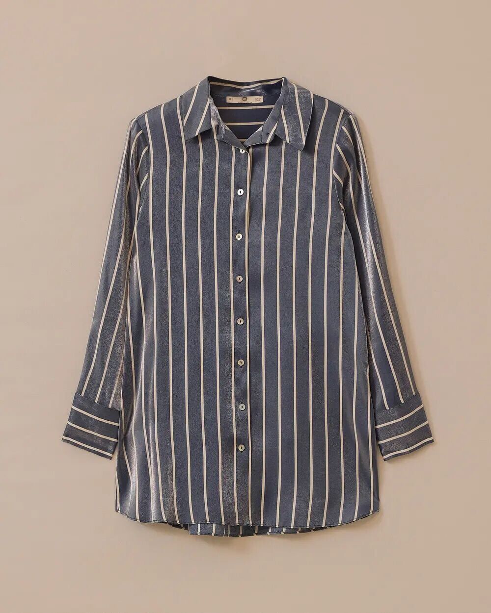 1005 ÖNÜ DÜĞMELİ KOLLARI KALIN MANŞET SATEN KUMAŞ ÇİZGİLİ GÜNLÜK GÖMLEK #03-25#