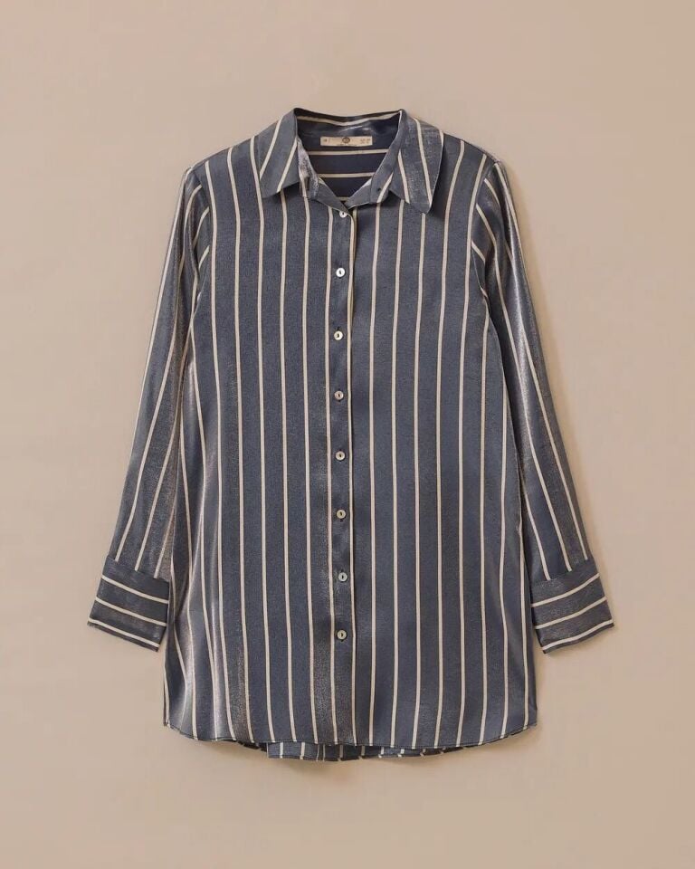 1005 ÖNÜ DÜĞMELİ KOLLARI KALIN MANŞET SATEN KUMAŞ ÇİZGİLİ GÜNLÜK GÖMLEK #03-25#