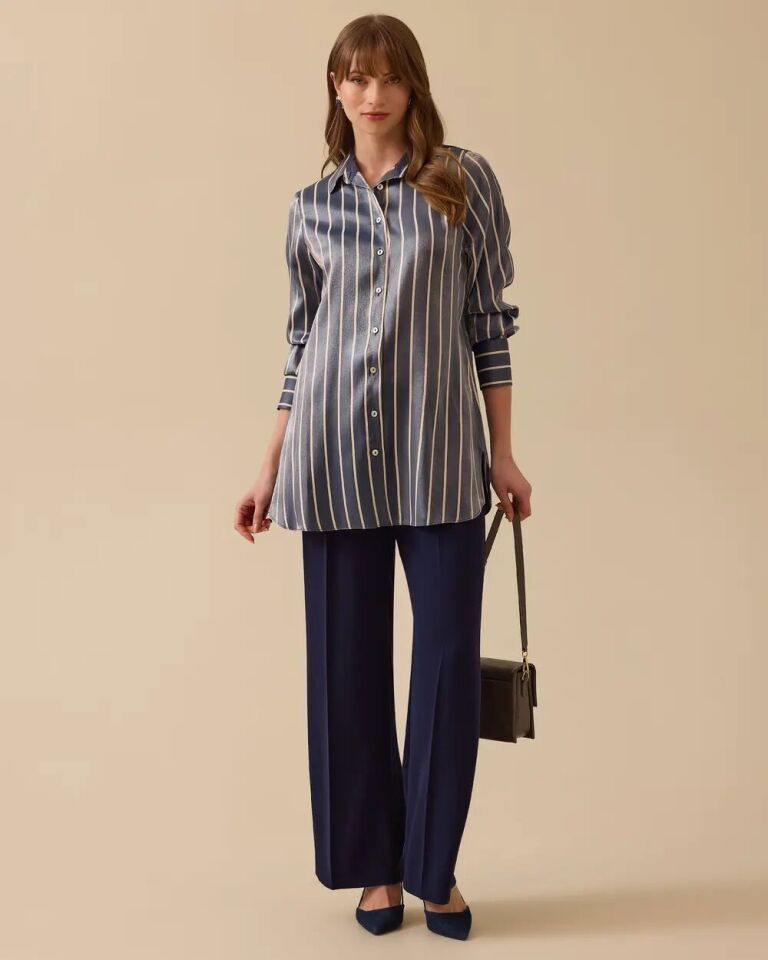 1005 ÖNÜ DÜĞMELİ KOLLARI KALIN MANŞET SATEN KUMAŞ ÇİZGİLİ GÜNLÜK GÖMLEK #03-25#