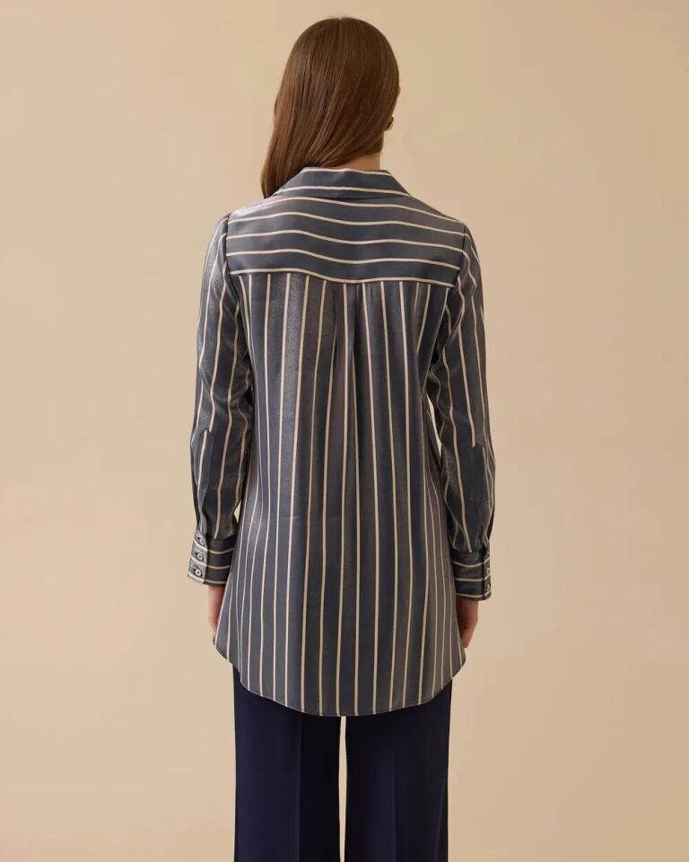 1005 ÖNÜ DÜĞMELİ KOLLARI KALIN MANŞET SATEN KUMAŞ ÇİZGİLİ GÜNLÜK GÖMLEK #03-25#