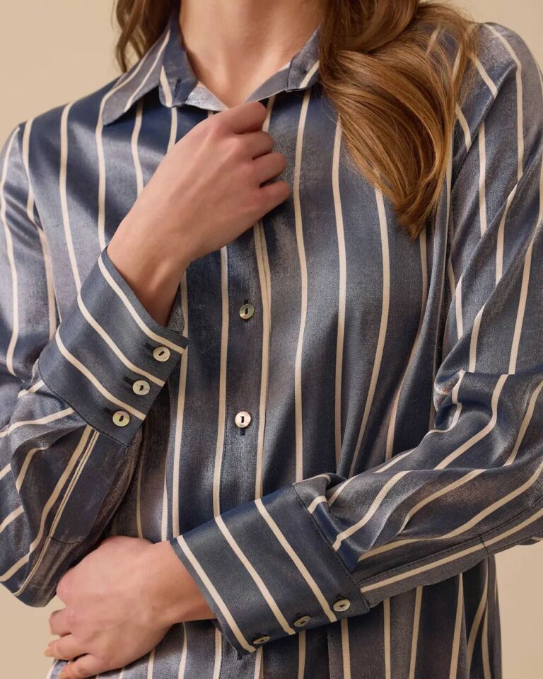 1005 ÖNÜ DÜĞMELİ KOLLARI KALIN MANŞET SATEN KUMAŞ ÇİZGİLİ GÜNLÜK GÖMLEK #03-25#