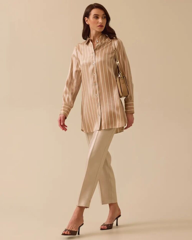 1005 ÖNÜ DÜĞMELİ KOLLARI KALIN MANŞET SATEN KUMAŞ ÇİZGİLİ GÜNLÜK GÖMLEK #03-25#