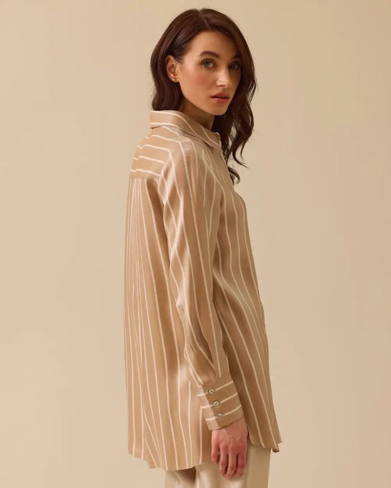 1005 ÖNÜ DÜĞMELİ KOLLARI KALIN MANŞET SATEN KUMAŞ ÇİZGİLİ GÜNLÜK GÖMLEK #03-25#