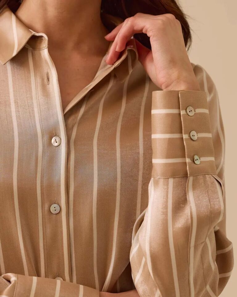 1005 ÖNÜ DÜĞMELİ KOLLARI KALIN MANŞET SATEN KUMAŞ ÇİZGİLİ GÜNLÜK GÖMLEK #03-25#