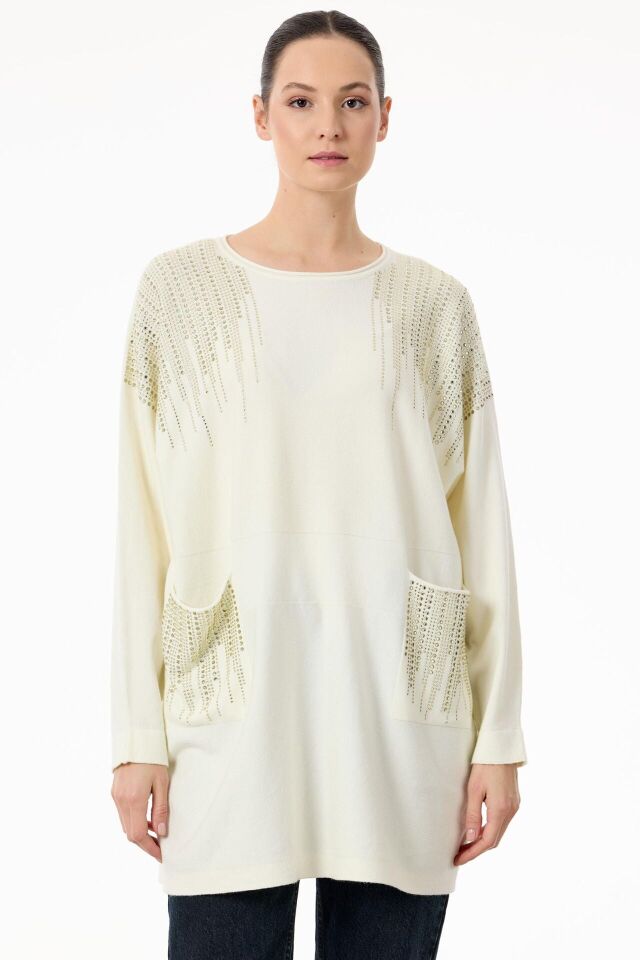 TNK.21755.1	OMUZLARI VE CEPLERİ TAŞLI SOSİS YAKALI TRİKO TUNİK #11-25#