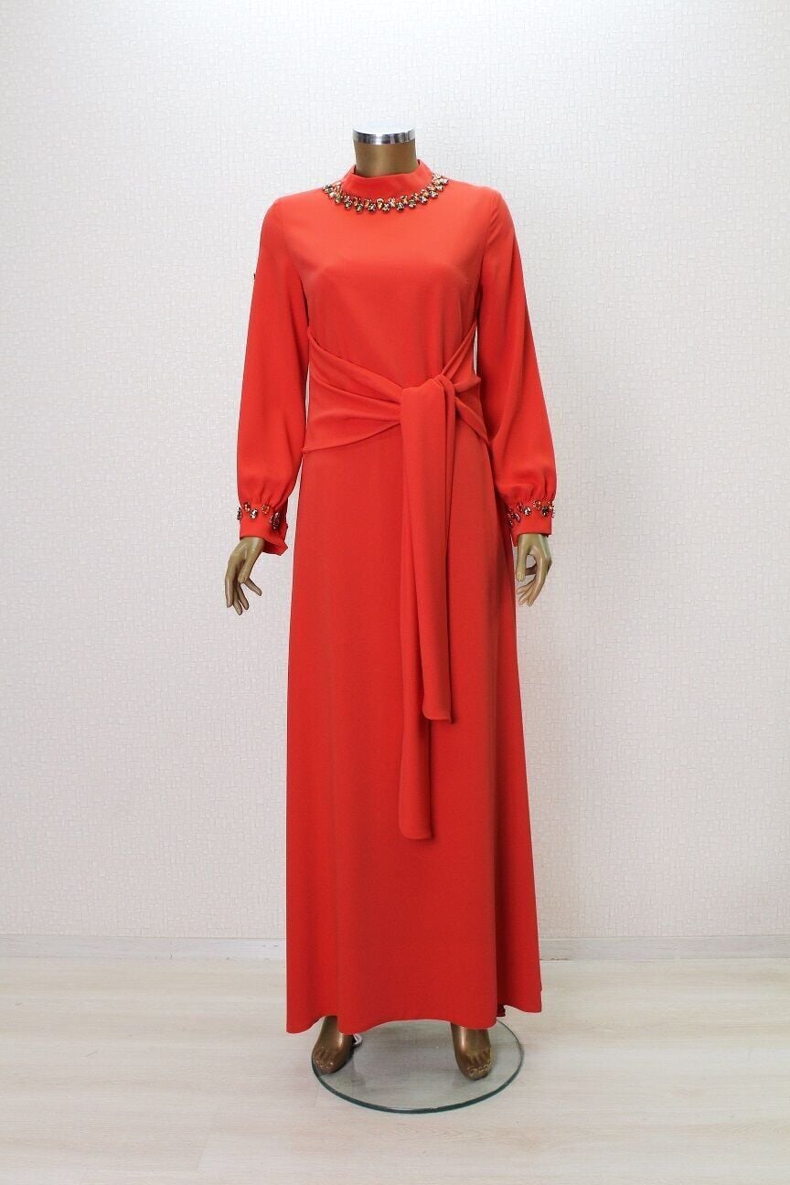 2776 YAKASI VE KOL UCU SU DAMLASI TAŞ DETAYLI BELİ BAĞLAMALI KLOŞ ABİYE ELBİSE QYS ABİLYE ELBİSE 2776 #23-06#