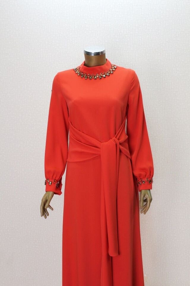 2776 YAKASI VE KOL UCU SU DAMLASI TAŞ DETAYLI BELİ BAĞLAMALI KLOŞ ABİYE ELBİSE QYS ABİLYE ELBİSE 2776 #23-06#