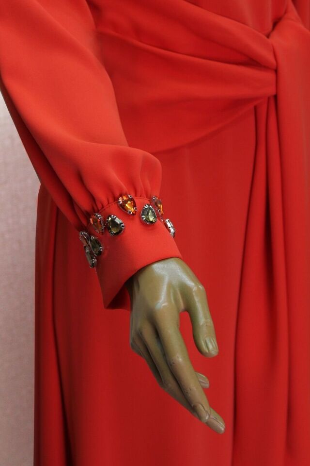 2776 YAKASI VE KOL UCU SU DAMLASI TAŞ DETAYLI BELİ BAĞLAMALI KLOŞ ABİYE ELBİSE QYS ABİLYE ELBİSE 2776 #23-06#