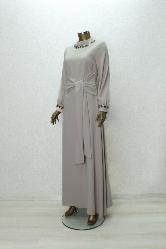 2776 YAKASI VE KOL UCU SU DAMLASI TAŞ DETAYLI BELİ BAĞLAMALI KLOŞ ABİYE ELBİSE QYS ABİLYE ELBİSE 2776 #23-06#