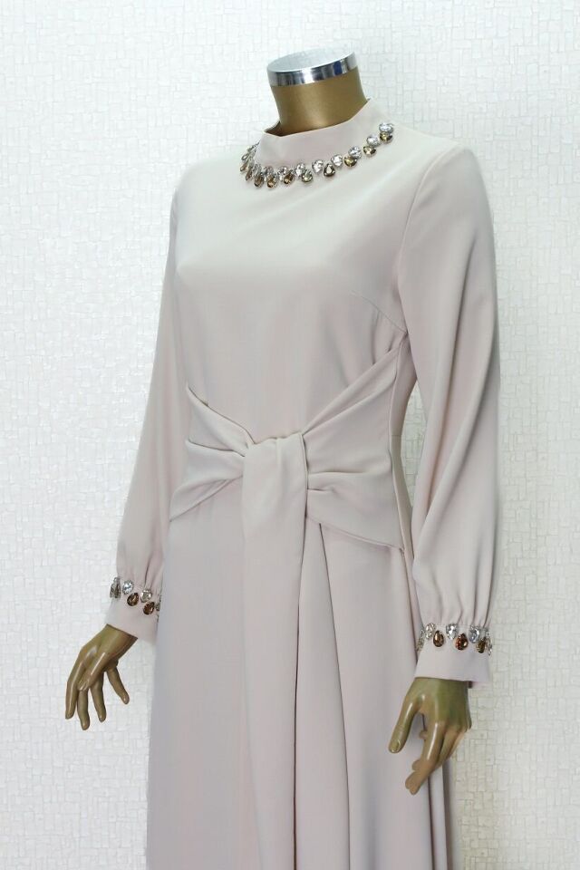 2776 YAKASI VE KOL UCU SU DAMLASI TAŞ DETAYLI BELİ BAĞLAMALI KLOŞ ABİYE ELBİSE QYS ABİLYE ELBİSE 2776 #23-06#