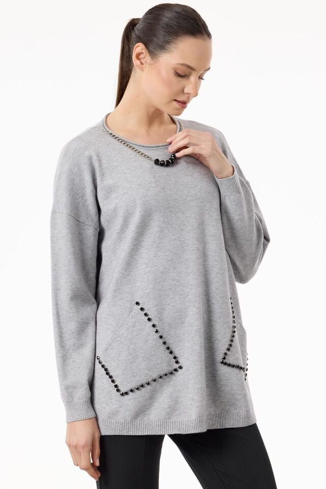 TNK.21758.1	CEPLERİ TAŞLI KOLYE DETAYLI TRİKO TUNİK #11-25#