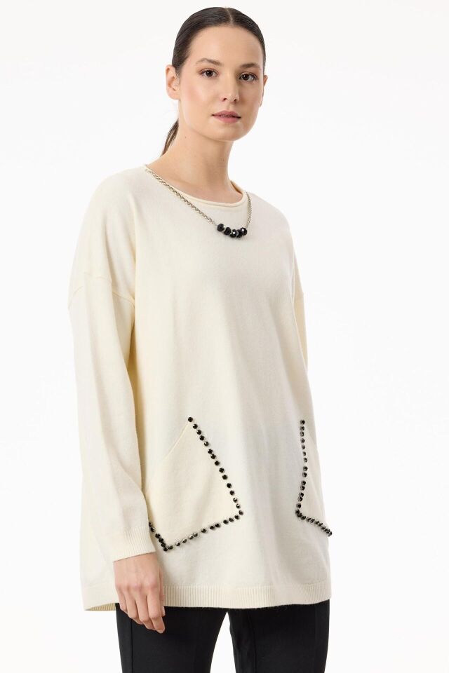 TNK.21758.1	CEPLERİ TAŞLI KOLYE DETAYLI TRİKO TUNİK #11-25#