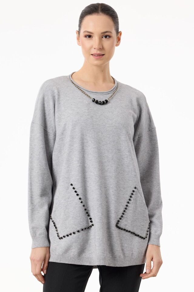 TNK.21758.1	CEPLERİ TAŞLI KOLYE DETAYLI TRİKO TUNİK #11-25#