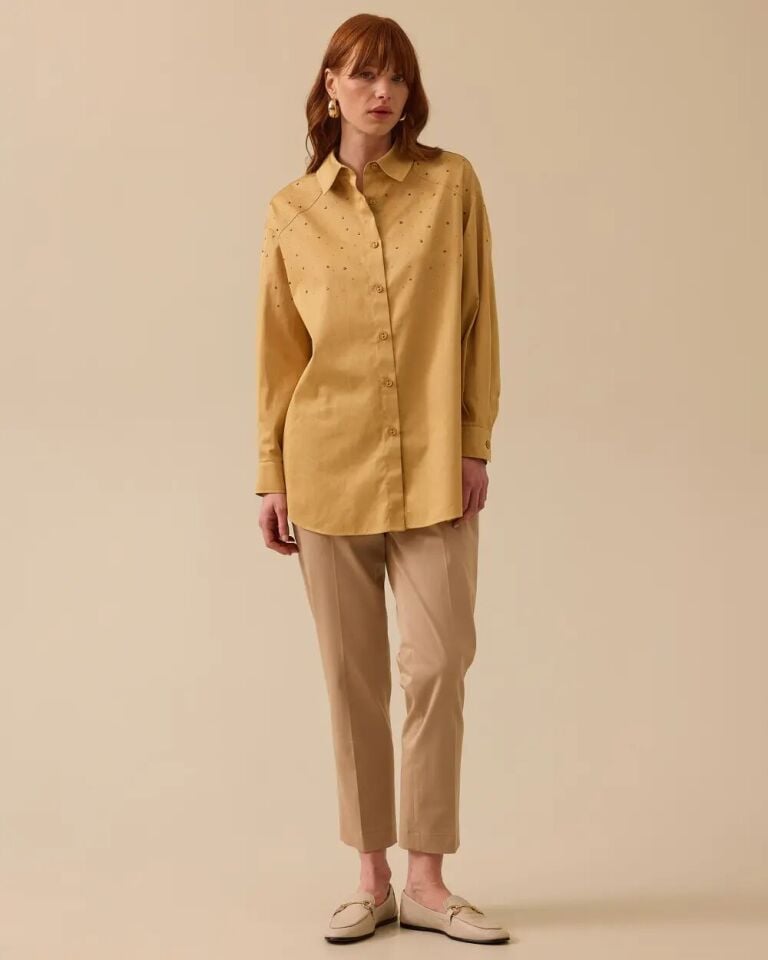 10003 ÖNDEN DÜĞMELİ KOLLARI MANŞETLİ ÖNÜ DİKİŞ VE TAŞ DETAYLI ŞIK GÖMLEK #03-25#