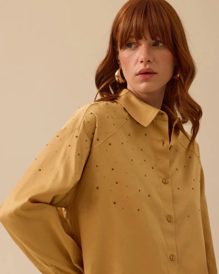 10003 ÖNDEN DÜĞMELİ KOLLARI MANŞETLİ ÖNÜ DİKİŞ VE TAŞ DETAYLI ŞIK GÖMLEK #03-25#