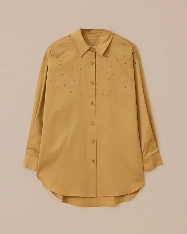 10003 ÖNDEN DÜĞMELİ KOLLARI MANŞETLİ ÖNÜ DİKİŞ VE TAŞ DETAYLI ŞIK GÖMLEK #03-25#