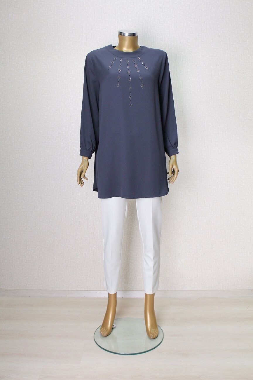 61098 ÖNDEN TAŞ İŞLEMELİ KOL UÇLARI DÜĞMELİ RAHAT KESİM TUNİK QYS TUNİK 61098 #23-063