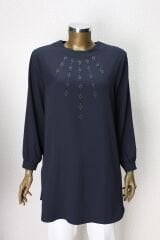 61098 ÖNDEN TAŞ İŞLEMELİ KOL UÇLARI DÜĞMELİ RAHAT KESİM TUNİK QYS TUNİK 61098 #23-063