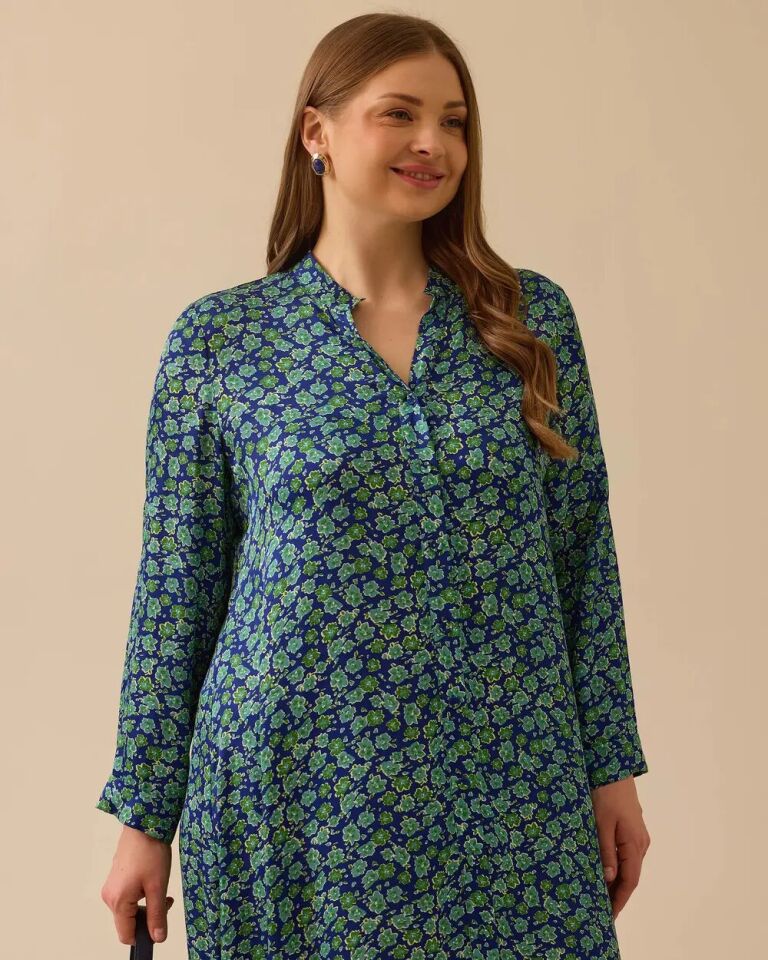 14001 SIFIR YAKA ÖNDEN DÜĞMELİ ÇİÇEK DESENLİ KETEN ELBİSE #03-25#