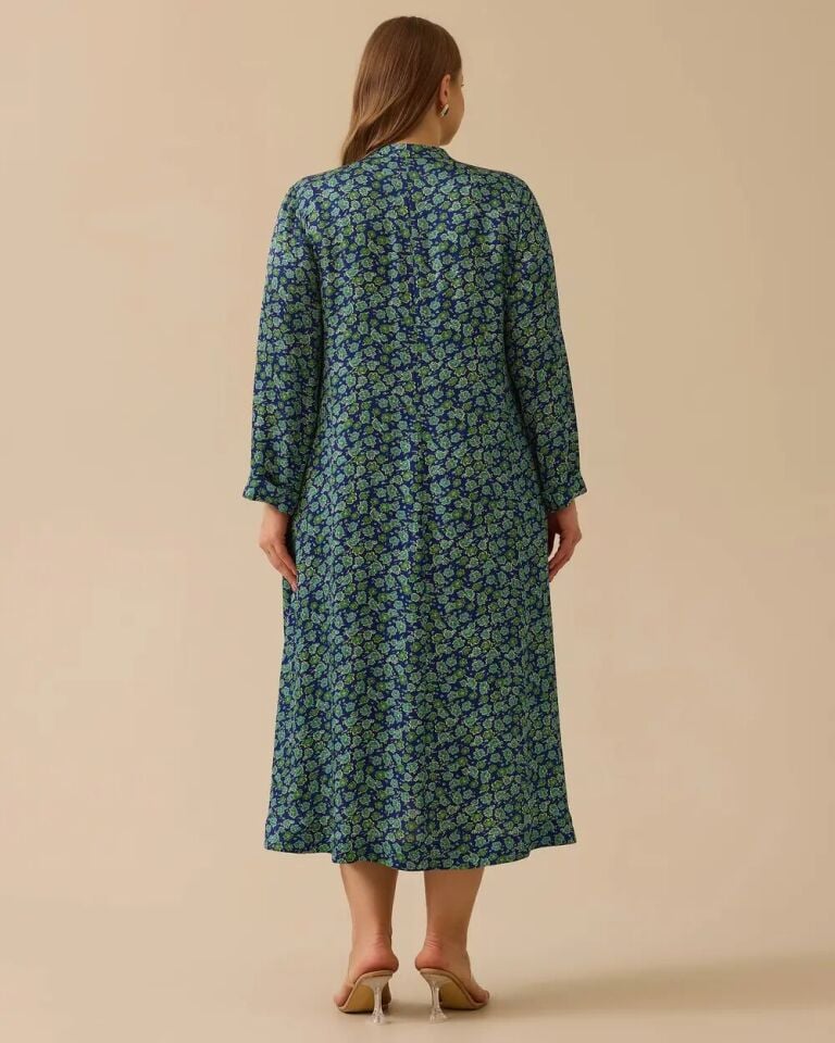 14001 SIFIR YAKA ÖNDEN DÜĞMELİ ÇİÇEK DESENLİ KETEN ELBİSE #03-25#