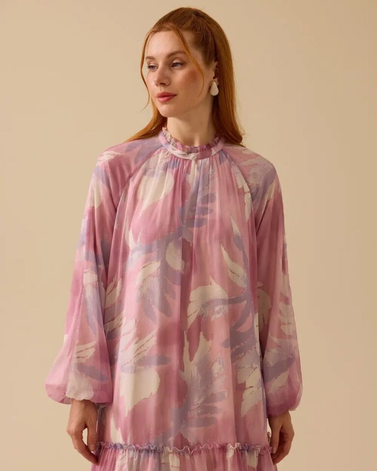 11037 SIFIR YAKA KOL UCU LASTİKLİ ARKASI FERMUARLI ALTI KAT DETAYLI  DESENLİ ELBİSE #03-25#