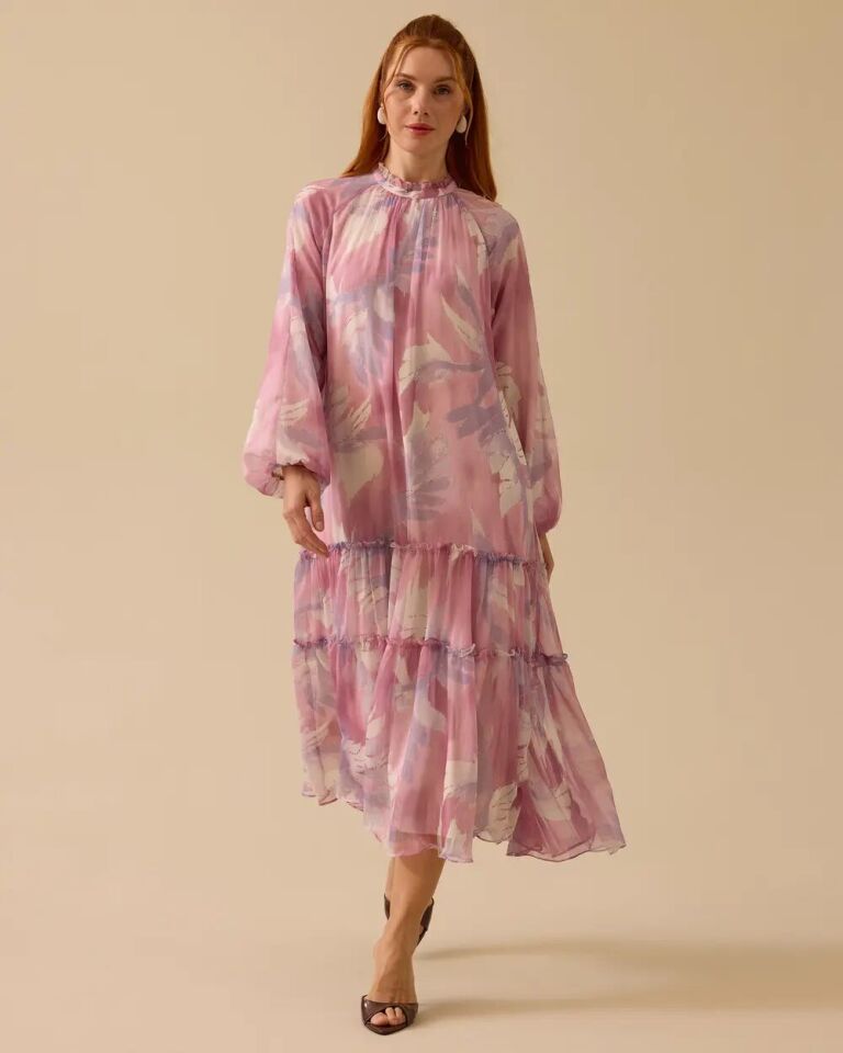 11037 SIFIR YAKA KOL UCU LASTİKLİ ARKASI FERMUARLI ALTI KAT DETAYLI  DESENLİ ELBİSE #03-25#