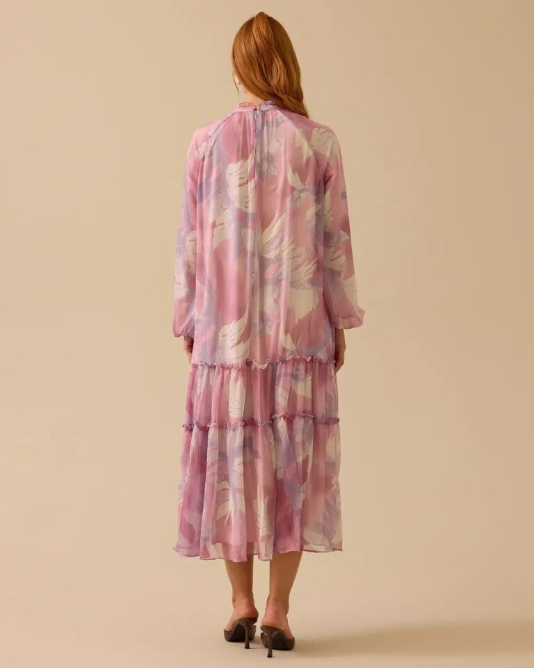 11037 SIFIR YAKA KOL UCU LASTİKLİ ARKASI FERMUARLI ALTI KAT DETAYLI  DESENLİ ELBİSE #03-25#