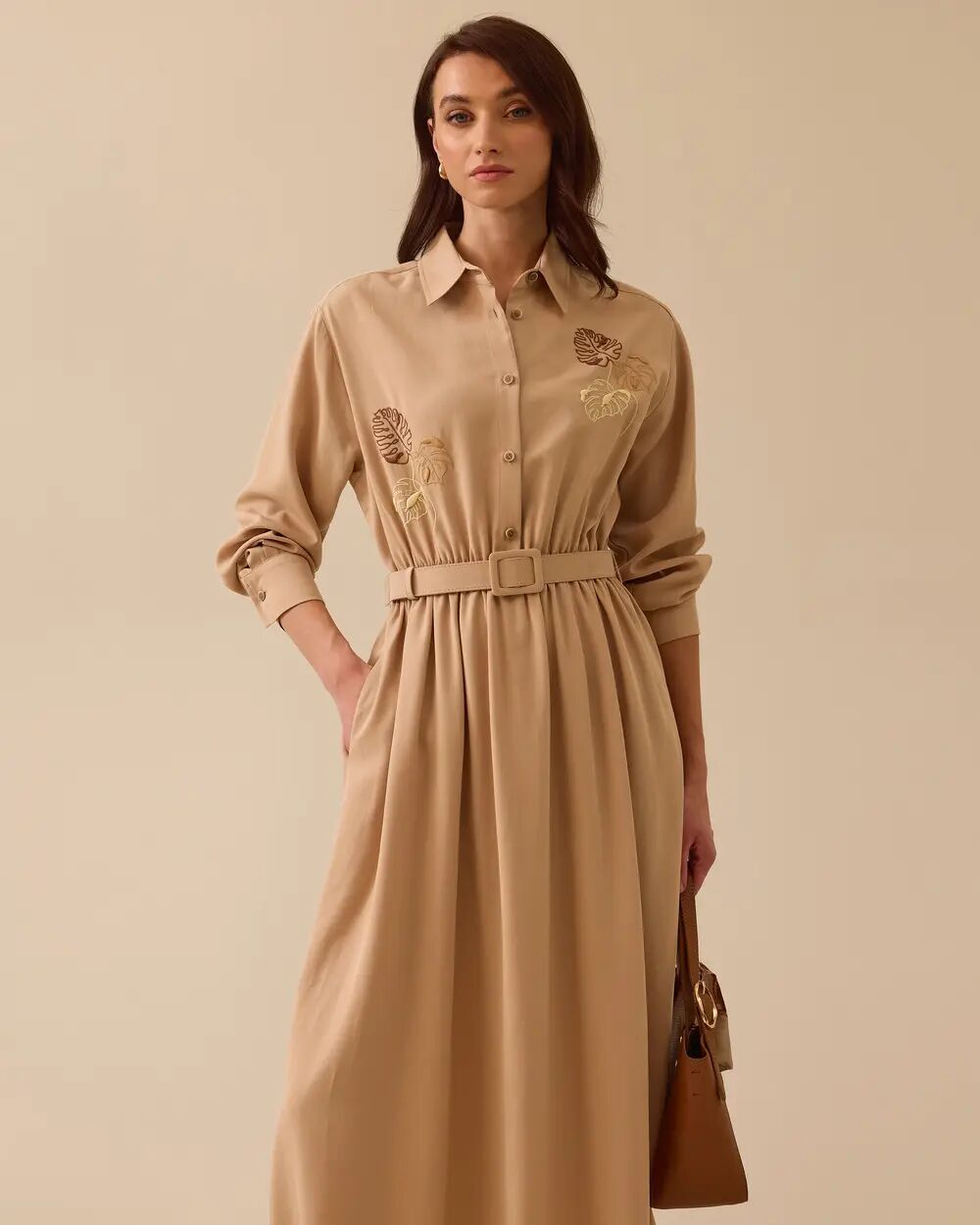 11022 GÖMLEK YAKA ÖNÜ DÜĞMELİ BELİ LASTİK VE KEMER DETAYLI KOLU MANŞETLİ GÖĞÜSÜ İŞLEMELİ GÜNLÜK ELBİSE #03-25#