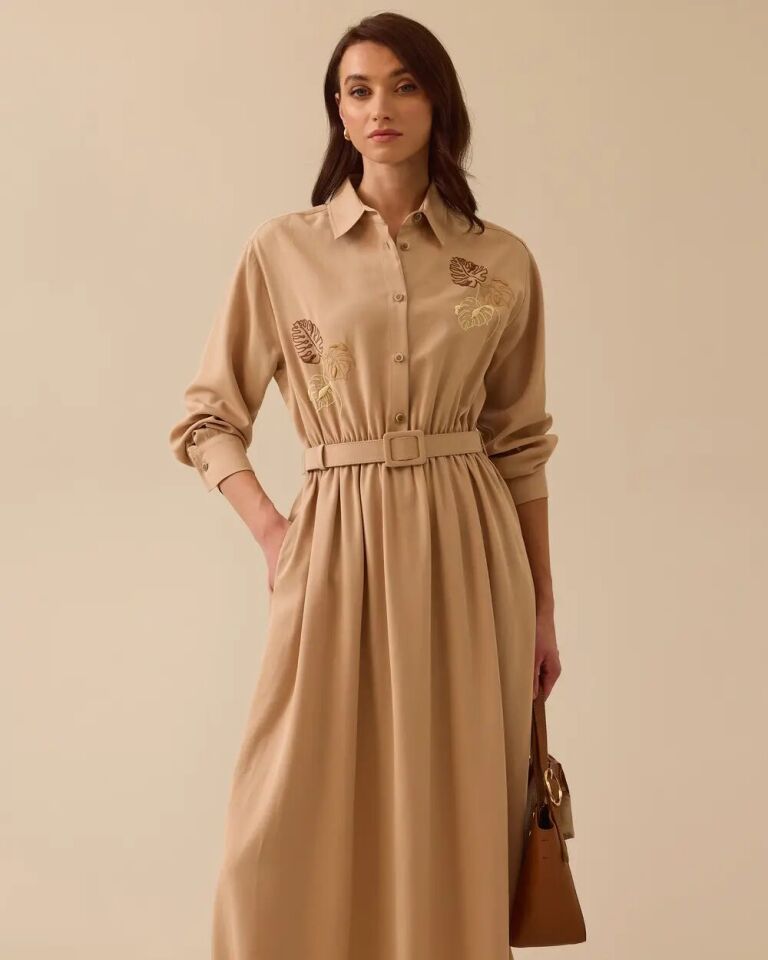 11022 GÖMLEK YAKA ÖNÜ DÜĞMELİ BELİ LASTİK VE KEMER DETAYLI KOLU MANŞETLİ GÖĞÜSÜ İŞLEMELİ GÜNLÜK ELBİSE #03-25#