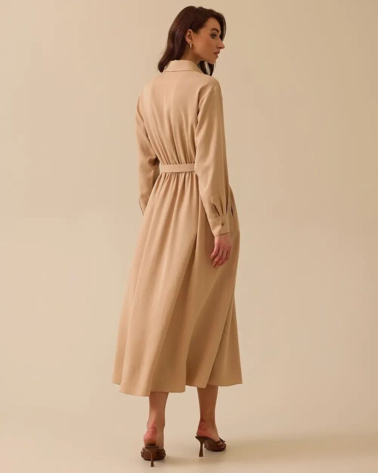 11022 GÖMLEK YAKA ÖNÜ DÜĞMELİ BELİ LASTİK VE KEMER DETAYLI KOLU MANŞETLİ GÖĞÜSÜ İŞLEMELİ GÜNLÜK ELBİSE #03-25#