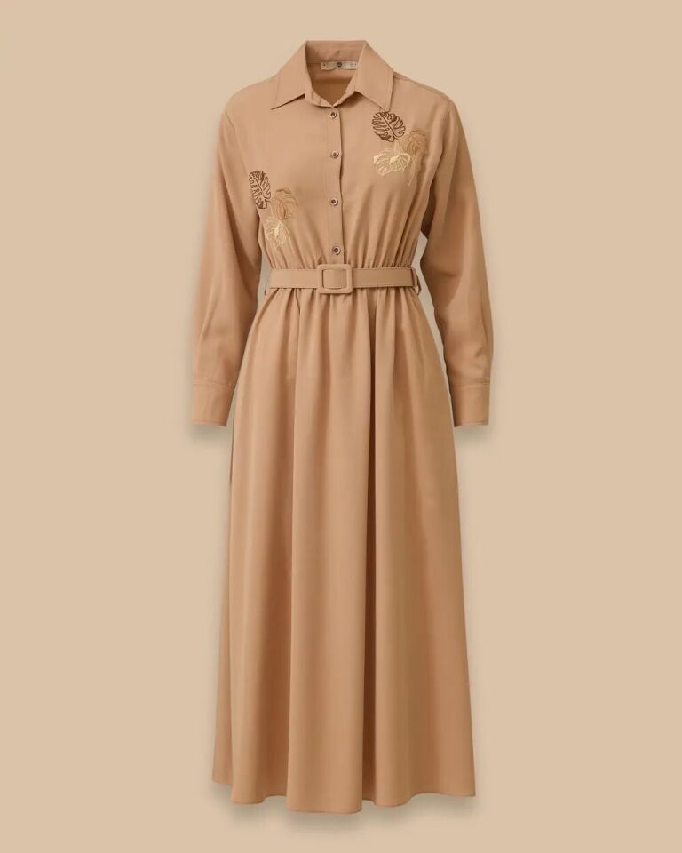 11022 GÖMLEK YAKA ÖNÜ DÜĞMELİ BELİ LASTİK VE KEMER DETAYLI KOLU MANŞETLİ GÖĞÜSÜ İŞLEMELİ GÜNLÜK ELBİSE #03-25#