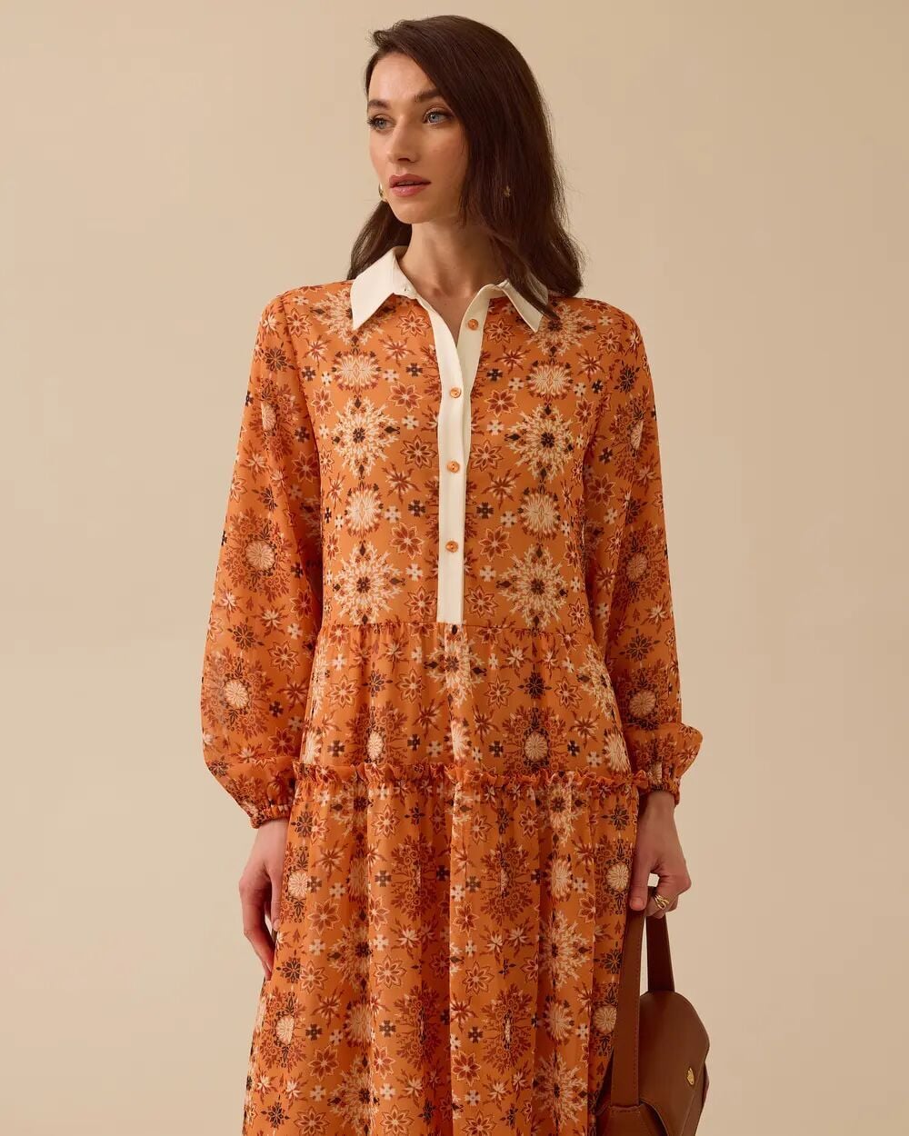 11002 GÖMLEK YAKA ÖNDEN DÜĞMELİ KOL UCU LASTİKLİ DESENLİ ŞİFON ELBİSE #03-25#