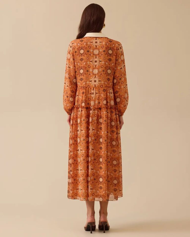 11002 GÖMLEK YAKA ÖNDEN DÜĞMELİ KOL UCU LASTİKLİ DESENLİ ŞİFON ELBİSE #03-25#