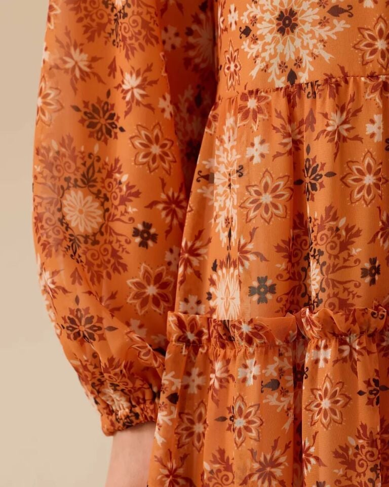 11002 GÖMLEK YAKA ÖNDEN DÜĞMELİ KOL UCU LASTİKLİ DESENLİ ŞİFON ELBİSE #03-25#