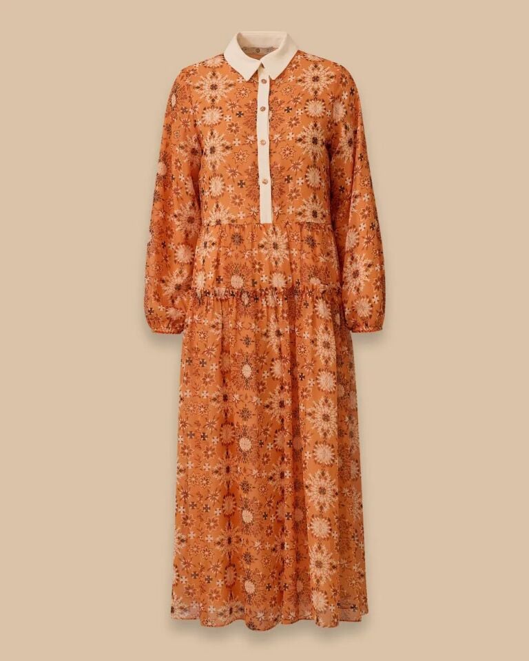 11002 GÖMLEK YAKA ÖNDEN DÜĞMELİ KOL UCU LASTİKLİ DESENLİ ŞİFON ELBİSE #03-25#