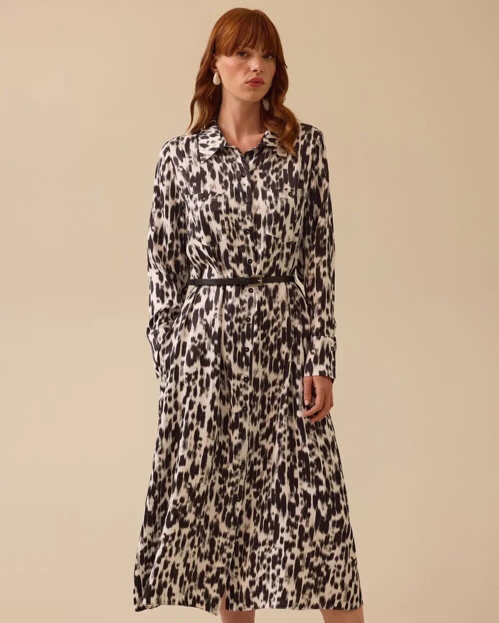 10008 GÖMLEK YAKA ÖNÜ DÜĞMELİ YANLARI CEPLİ KOLLARI MANŞETLİ DESENLİ ŞİFON ELBİSE #03-25#