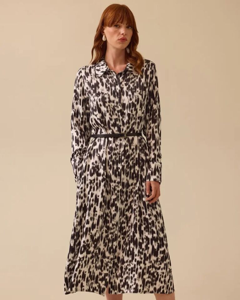 10008 GÖMLEK YAKA ÖNÜ DÜĞMELİ YANLARI CEPLİ KOLLARI MANŞETLİ DESENLİ ŞİFON ELBİSE #03-25#