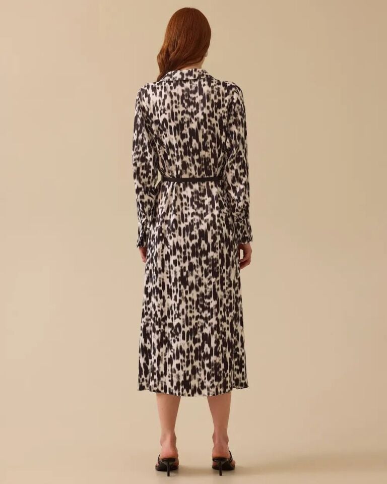 10008 GÖMLEK YAKA ÖNÜ DÜĞMELİ YANLARI CEPLİ KOLLARI MANŞETLİ DESENLİ ŞİFON ELBİSE #03-25#