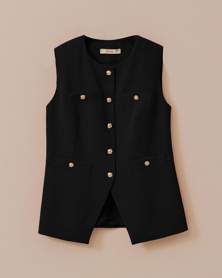 10001 ÖNDEN DÜĞMELİ SIFIR YAKA ÖNDEN CEPLİ YARIM KOLLU YELEK #03-25#