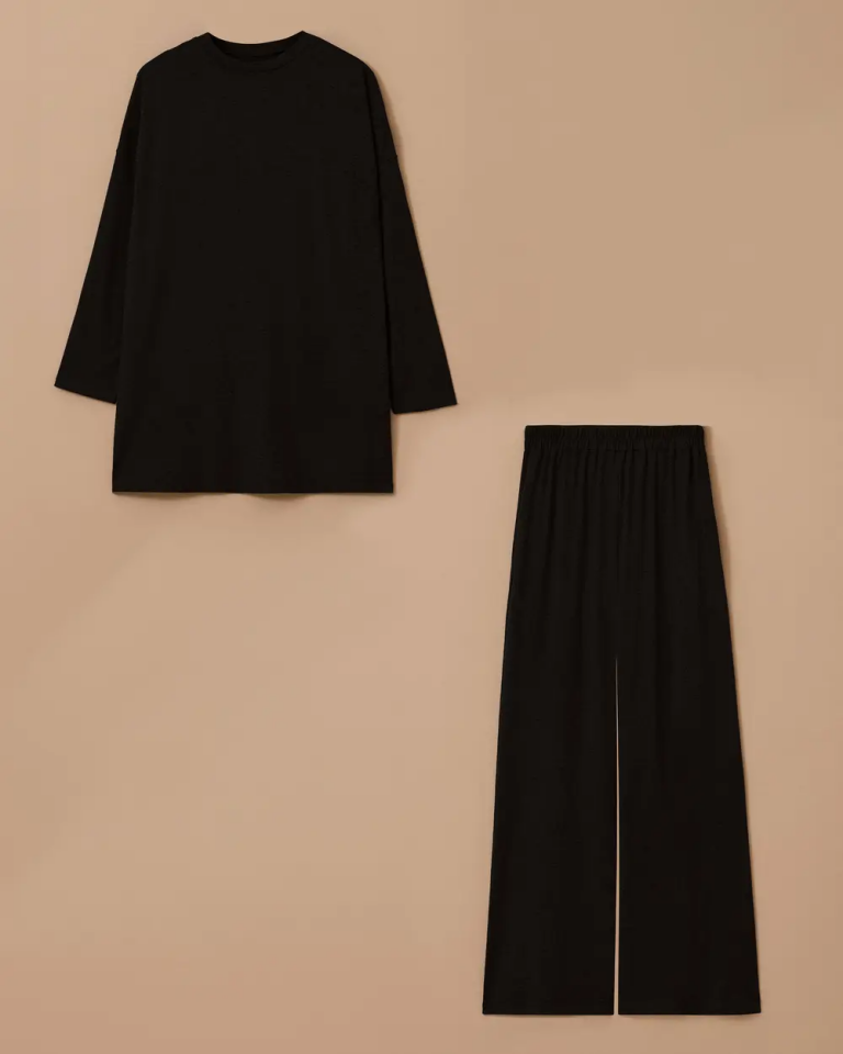 10002522711004 DÜŞÜK OMUZLU DÜZ KESİM PANTOLONUN BELİ LASTİKLİ TAKIM #10-25# M - SİYAH