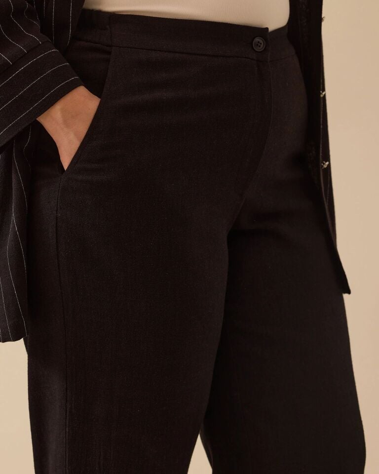 4026 ÖNDEN DÜĞMELİ BELİ YARIM LASTİKLİ CEPLİ BOL PAÇA KETEN PANTOLON #03-25#