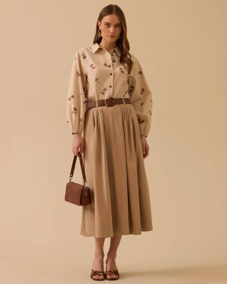 1015 KEMERLİ PİLE DETAYLI ETEK #26# 36 - CAMEL