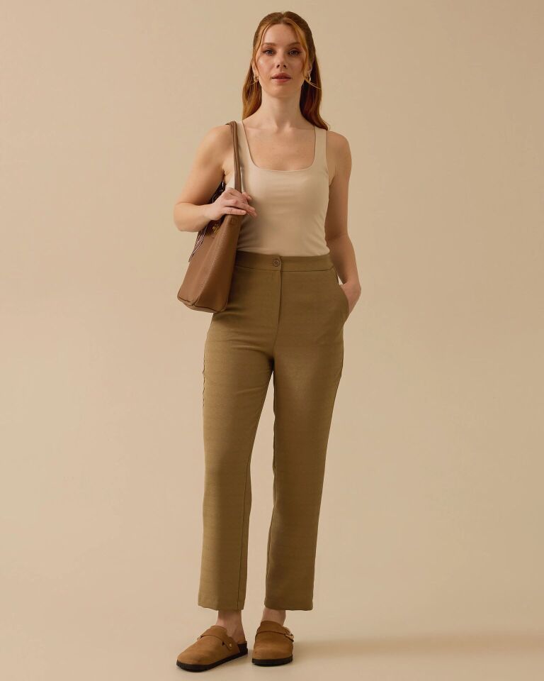 10018 BELİ YARIM LASTİKLİ YANLARI CEPLİ DAR PANTOLON #03-25#