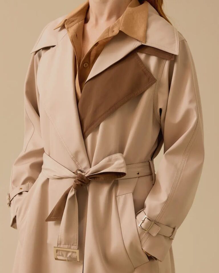 11005 KRUVAZE YAKA BELİ KEMERLİ ÖNDEN DÜĞMELİ ÇİFT RENK KOLU MANŞETLİ TRENÇ KOT #03-25#